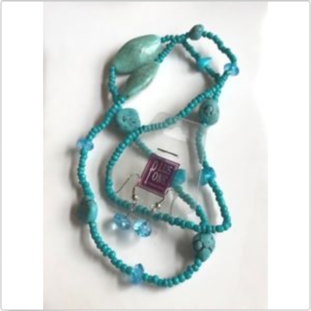 Aqua Blue Turquoise Beaded Earrings Necklace 30" Southwestern Beads Extra Long